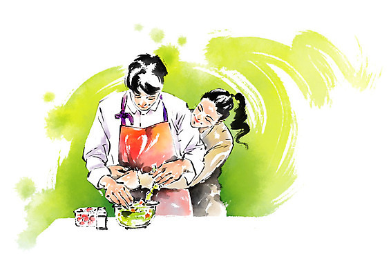 PSD 커플 여자 남자 채소 일러스트 캘리그라피 붓터치 요리 미소 사람 상반신 성인 두명 앞치마 샐러드 백허그 국내일러스트 음식 관계 포옹 표정 파일형식