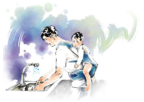 전신 PSD 남자 아들 가사 일러스트 캘리그라피 붓터치 사람 성인 두명 육아 아기 아빠 설거지 개수대 업기 아기띠 남성육아휴직 육아대디 싱글대디 한부모가족 국내일러스트 가족 모션 아기용품 파일형식 육아휴직