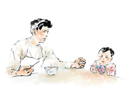 PSD 남자 일러스트 캘리그라피 젓가락 붓터치 사람 상반신 성인 두명 앞치마 육아 아기 거절 먹여주기 딸랑이 밥그릇 이유식 힘듦 남성육아휴직 육아대디 싱글대디 한부모가족 국내일러스트 그릇 음식 컨셉 가족 수저 아기용품 아빠 먹기 파일형식 육아휴직