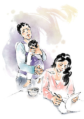 PSD 부부 여자 남자 일러스트 캘리그라피 안기 밥 붓터치 사람 상반신 성인 세명 펜 숟가락 육아 아기 기록 잠 먹여주기 문서 워킹맘 힘듦 국내일러스트 커플 음식 컨셉 모션 엄마 수저 필기구 비즈니스우먼 먹기 파일형식