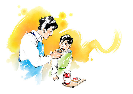 PSD 남자 아들 어린이 일러스트 캘리그라피 붓터치 사람 상반신 성인 두명 앞치마 다정 아빠 잼 먹여주기 식빵 국내일러스트 빵 컨셉 가족 소스_음식 먹기 파일형식