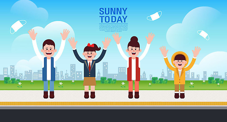 여자 남자 어린이 일러스트 청소년 마스크 여러명 성인 맑음 기쁨 만세 미세먼지 국내일러스트 AI파일 감정 다수 모션 날씨 사람 먼지 파일형식 벡터