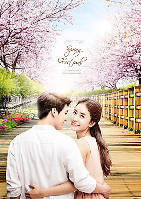 PSD 편집이미지 커플 여자 남자 꽃 허리손 미소 사람 상반신 성인 두명 30대 축제 봄 한국인 뒤돌아보기 벚나무 가교 이미지편집 나무 식물 건축물 계절 포즈 관계 모션 표정 동양인 장년 벚꽃 파일형식
