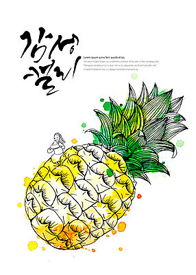 PSD 여자 과일 일러스트 캘리그라피 붓터치 한명 미소 사람 앉기 상반신 성인 글자캘리그라피 먹기 파인애플 번짐 감성 국내일러스트 1 컨셉 모션 표정 열대과일 파일형식 효과