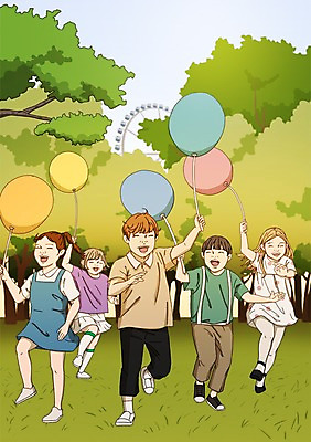 전신 PSD 나무 여자 남자 어린이 일러스트 사람 초원 여러명 달리기 여러개 어린이날 즐거움 5월행사 대관람차 풍선 어린이만 국내일러스트 식물 기념일 감정 다수 모션 이벤트 놀이기구 5월 파일형식