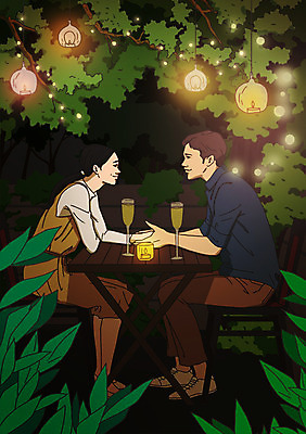 전신 PSD 나무 부부 여자 남자 와인잔 일러스트 가족 탁자 미소 사람 성인 야외 두명 마주보기 손잡기 카페 풀잎 5월행사 부부의날 국내일러스트 식물 커플 기념일 가구 잎 술잔 관계 모션 표정 이벤트 상점 풀_식물 5월 파일형식