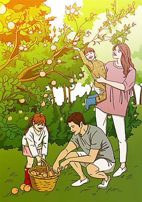 전신 PSD 여자 남자 어린이 일러스트 가족 안기 사람 여러명 성인 야외 바구니 화목 가족라이프 과일나무 즐거움 담기 복숭아 농장체험 과일따기 가정의날 국내일러스트 나무 라이프스타일 기념일 감정 다수 컨셉 과일 관계 모션 농장 체험학습 파일형식