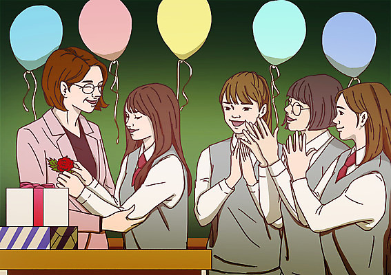 PSD 학생 여자 교복 일러스트 교실 미소 사람 여러명 상반신 성인 10대 선물상자 교사 기쁨 박수 스승의날 5월행사 배지 풍선 여자만 국내일러스트 직업 옷 교육 기념일 감정 다수 학교 청소년 표정 선물 손짓 이벤트 상자 5월 파일형식