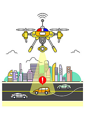 도로 일러스트 자동차 빌딩 사람없음 카메라 차도 도시 경찰 느낌표 감시 위반 단속 드론 차선위반 교통상황 모빌리티 국내일러스트 AI파일 직업 기호 길 육상교통 교통수단 교통 교통시설 건물 전자제품 파일형식 벡터