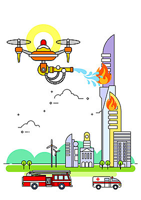일러스트 빌딩 사람없음 도시 구급차 소방 화재 소화_소방 소방차 드론 물뿌리기 화재진압 모빌리티 국내일러스트 AI파일 교통수단 모션 자동차 건물 사건 진압 파일형식 벡터