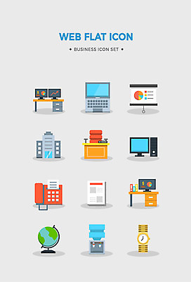 아이콘 비즈니스 그래프 사람없음 노트북 컴퓨터 세트 지구본 사무용품 전화기 손목시계 책상 플랫아이콘 비즈니스아이콘 팩스 사무실의자 서류판 정수기 2D아이콘 AI파일 시계 가구 의자 장신구 문구용품 전자제품 파일형식 벡터