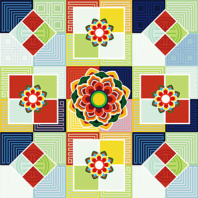 한국전통 전통 꽃 백그라운드 꽃무늬 패턴 일러스트 사람없음 전통무늬 화려 단청 조각보 오방색 국내일러스트 AI파일 식물 컬러 컨셉 무늬 한국 보자기_천 파일형식 벡터