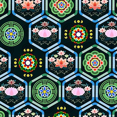 한국전통 전통 백그라운드 꽃무늬 패턴 일러스트 연꽃 사람없음 전통무늬 화려 단청 국내일러스트 AI파일 꽃 컨셉 무늬 한국 파일형식 벡터