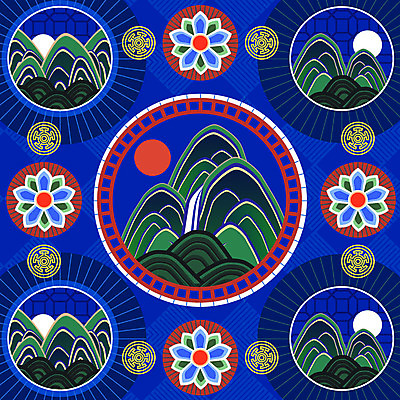 한국전통 전통 꽃 백그라운드 꽃무늬 패턴 일러스트 산 사람없음 태양 전통무늬 전통문양 화려 단청 국내일러스트 AI파일 자연요소 식물 문양 컨셉 무늬 한국 파일형식 벡터