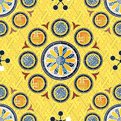 한국전통 전통 백그라운드 꽃무늬 패턴 일러스트 사람없음 노란색 전통무늬 화려 단청 국내일러스트 AI파일 꽃 컬러 컨셉 무늬 한국 파일형식 벡터