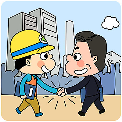 전신 남자 일러스트 회사 협력 노동자 악수 미소 사람 정장 빌딩 성인 두명 직장인 안전모 사장 즐거움 문서 노사화합 서류판 임원 국내일러스트 AI파일 직업 옷 감정 비즈니스 표정 손짓 건물 사무용품 헬멧 안전장비 파일형식 벡터