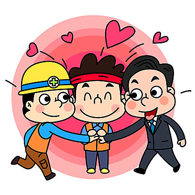 전신 남자 일러스트 회사 협력 노동자 악수 미소 사람 정장 성인 세명 하트 직장인 안전모 사장 손모으기 노사화합 임원 국내일러스트 AI파일 모양 직업 옷 비즈니스 표정 손짓 헬멧 안전장비 파일형식 벡터