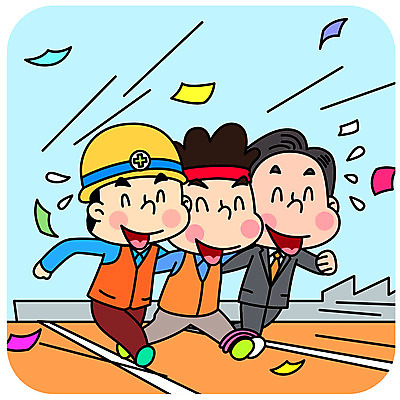 전신 남자 일러스트 회사 공장 어깨동무 협력 노동자 함께함 미소 사람 성인 세명 달리기 직장인 안전모 사장 묶기 땀 노사화합 이인삼각 임원 국내일러스트 AI파일 직업 포즈 컨셉 비즈니스 공업 모션 놀이 표정 헬멧 안전장비 파일형식 벡터