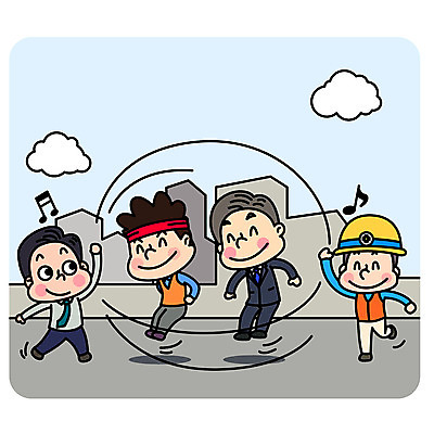 전신 남자 일러스트 회사 공장 협력 노동자 사람 정장 여러명 성인 점프 직장인 안전모 사장 즐거움 노사화합 단체줄넘기 돌리기 임원 국내일러스트 AI파일 직업 옷 감정 다수 비즈니스 공업 모션 헬멧 안전장비 줄넘기 파일형식 벡터