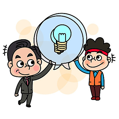전신 응시 남자 말풍선 일러스트 회사 전구 협력 노동자 미소 사람 성인 두명 직장인 사장 겹침 노사화합 임원 국내일러스트 AI파일 직업 시선 비즈니스 표정 파일형식 벡터