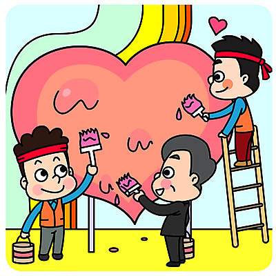 전신 남자 일러스트 회사 사다리 페인팅 협력 노동자 미소 사람 성인 세명 하트 붓 직장인 색칠 사장 노사화합 임원 국내일러스트 AI파일 모양 직업 비즈니스 표정 도구 파일형식 벡터
