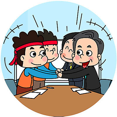 남자 일러스트 회사 탁자 협력 노동자 악수 미소 사람 여러명 상반신 성인 펜 직장인 사장 화이트보드 노사화합 계약서 임원 국내일러스트 AI파일 직업 가구 다수 비즈니스 표정 손짓 필기구 파일형식 벡터