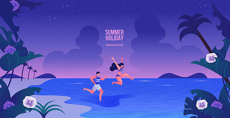 전신 여자 남자 수영복 꽃 별 바다 섬 백그라운드 잎 일러스트 사람 성인 해변 두명 여름 야자수 달리기 점프 여름밤 여름배경 국내일러스트 AI파일 자연요소 나무 식물 옷 계절 모션 야간 파일형식 벡터