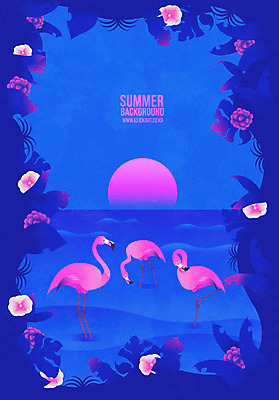 꽃 바다 백그라운드 잎 일러스트 세마리 사람없음 여름 파란색 태양 일몰 플라밍고 여름배경 국내일러스트 AI파일 자연요소 식물 계절 컬러 조류 3 노을 파일형식 벡터