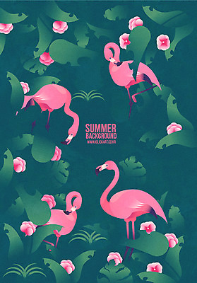 꽃 여러송이 백그라운드 여러마리 일러스트 사람없음 여름 플라밍고 풀숲 여름배경 국내일러스트 AI파일 식물 계절 다수 조류 숲 파일형식 벡터
