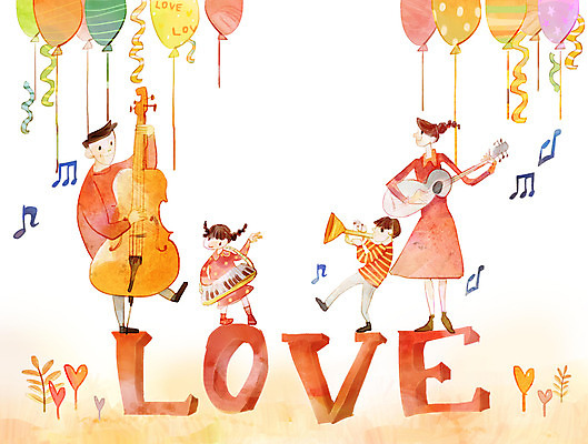 전신 PSD 여자 남자 행복 어린이 음표 일러스트 가족 사랑 사람 여러명 성인 기타 악단 즐거움 트럼펫 가정의달 첼로 풍선 아코디언 합주 국내일러스트 기호 감정 음악 다수 연주 관계 현악기 건반악기 5월 금관악기 파일형식 찰현악기