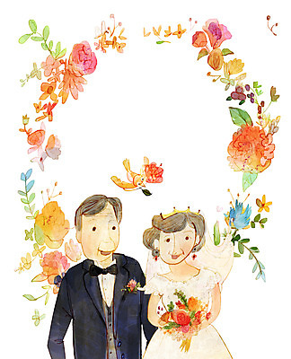 PSD 한마리 여자 노년 남자 꽃 행복 부케 웨딩드레스 잎 일러스트 조류 미소 사람 상반신 두명 노부부 리마인드웨딩 가정의달 예복 국내일러스트 식물 동물 1 부부 드레스 옷 감정 꽃다발 결혼 표정 성인 5월 파일형식
