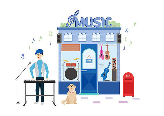 전신 한마리 남자 악기 연주 일러스트 노래 한명 사람 성인 상점 스피커 우체통 기타 건반 건반악기 강아지 마이크 드럼 창업 성인남자한명만 국내일러스트 AI파일 1 음악 음향기기 현악기 타악기 반려동물 개 자영업 남자한명만 성인남자만 파일형식 벡터
