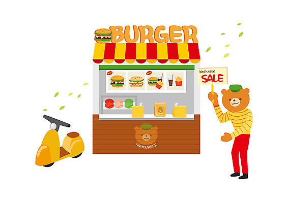 한마리 일러스트 곰 사람없음 세일 상점 팻말 오토바이 햄버거 창업 콜라 메뉴판 햄버거가게 국내일러스트 AI파일 동물 1 포유류 프레임 패스트푸드 식당 바이크 자영업 탄산음료 파일형식 벡터