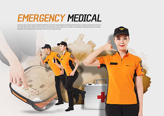 전신 PSD 편집이미지 여자 남자 의학 사람 상반신 20대 성인 세명 달리기 한국인 구급상자 구조원 무전기 심폐소생술 응급상황 자동제세동기 이미지편집 직업 모션 무선통신 동양인 청년 응급 의료용품 파일형식