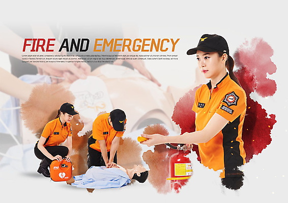 전신 PSD 편집이미지 여자 남자 사람 상반신 20대 성인 세명 한국인 마네킹 소방관 구조원 소화기 119 심폐소생술 화재진압 자동제세동기 이미지편집 직업 의학 동양인 청년 안전장비 소방 화재 전화번호 진압 파일형식