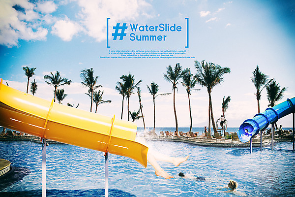 PSD 편집이미지 바다 하늘 리조트 수영장 사람 여러명 신체부위 여름 여름휴가 바캉스 야자수 여행객 수영 다리 디지털합성 휴양지 워터슬라이드 이미지편집 나무 계절 다수 휴가 장소 수상스포츠 파일형식 여름_계절