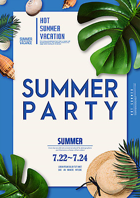 PSD 편집이미지 모자 영어 조개 나뭇잎 사각프레임 프레임 타이포그라피 사람없음 여름 파란색 파티 조개껍데기 소라 트로피컬아트 이미지편집 문자 잡화 계절 컬러 잎 어패류 이벤트 사각형 그림 파일형식