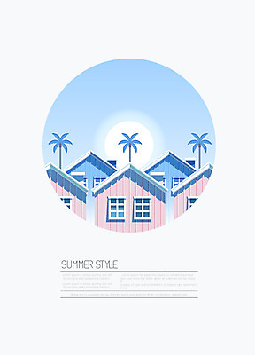 도형 나무 백그라운드 일러스트 사람없음 건물 여름 파란색 야자수 태양 원형 여름배경 국내일러스트 AI파일 자연요소 식물 건축물 계절 컬러 파일형식 벡터