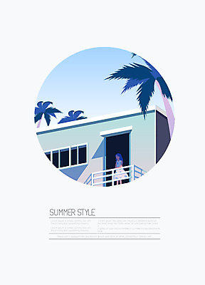 도형 나무 여자 백그라운드 일러스트 한명 서기 상반신 성인 건물 여름 파란색 여름휴가 바캉스 야자수 발코니 원형 여름배경 국내일러스트 AI파일 식물 1 건축물 계절 컬러 모션 휴가 사람 파일형식 벡터 여름_계절