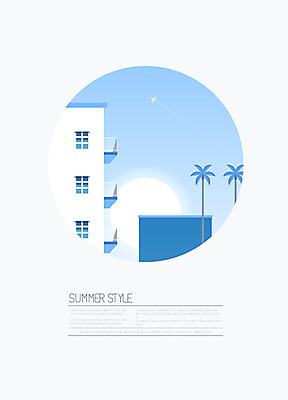 도형 나무 백그라운드 일러스트 비행기 사람없음 건물 여름 파란색 야자수 태양 발코니 원형 여름배경 국내일러스트 AI파일 자연요소 식물 건축물 계절 컬러 항공교통 대중교통 파일형식 벡터