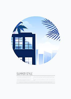 도형 나무 구름 백그라운드 일러스트 창문 사람없음 건물 여름 파란색 야자수 원형 여름배경 국내일러스트 AI파일 자연요소 식물 건축물 계절 컬러 파일형식 벡터