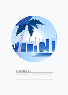 도형 나무 바다 백그라운드 일러스트 사람없음 건물 여름 파란색 강 야자수 태양 원형 보트 선박 여름배경 국내일러스트 AI파일 자연요소 식물 건축물 계절 컬러 수상교통 배_교통 파일형식 벡터