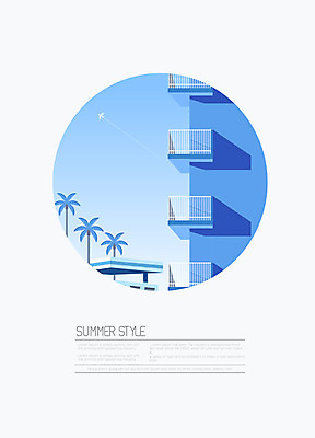 도형 나무 백그라운드 일러스트 비행기 사람없음 건물 여름 파란색 야자수 발코니 원형 여름배경 국내일러스트 AI파일 식물 건축물 계절 컬러 항공교통 대중교통 파일형식 벡터
