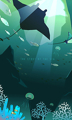 바다 여러마리 일러스트 사람없음 빛 바닷속 바다동물 암석 산호 산호초 열대어 해파리 가오리 국내일러스트 AI파일 동물 다수 어류 수중 수중동물 돌_바위 수중식물 자포동물 파일형식 벡터