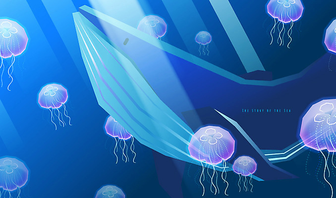 한마리 바다 여러마리 일러스트 사람없음 빛 바닷속 바다동물 고래 해파리 국내일러스트 AI파일 동물 1 다수 포유류 수중 수중동물 자포동물 파일형식 벡터