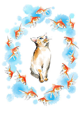 PSD 동물 한마리 응시 여러마리 일러스트 캘리그라피 붓터치 사람없음 고양이 올려보기 금붕어 번짐 국내일러스트 1 시선 다수 포유류 모션 어류 반려동물 파일형식 효과
