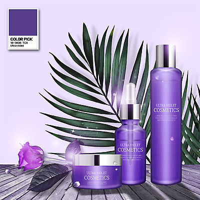 PSD 편집이미지 꽃 나뭇잎 사람없음 장미 보라색 화장품 나무탁자 수분크림 스킨로션 에센스 울트라바이올렛 이미지편집 식물 컬러 잎 탁자 뷰티 파일형식 트랜드컬러