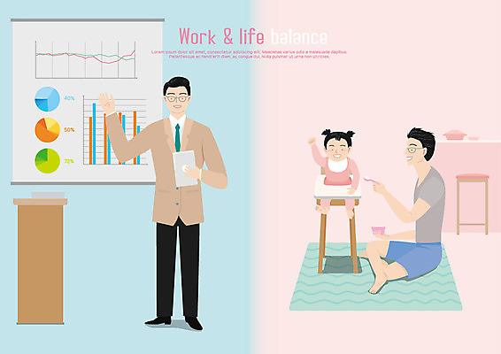 전신 여자 남자 일러스트 그래프 휴식 사람 정장 성인 세명 육아 아기 작업 직장인 비즈니스맨 아빠 균형 먹여주기 즐거움 이유식 워라밸 육아대디 국내일러스트 AI파일 직업 옷 감정 음식 컨셉 비즈니스 가족 먹기 신조어 파일형식 벡터