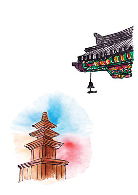 PSD 불교 일러스트 기와 사람없음 전통문양 부처님오신날 종 석탑 번짐 처마 물고기모양 풍경종 국내일러스트 전통 문양 기념일 종교 탑 파일형식 효과