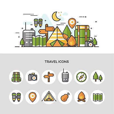 나무 아이콘 여행 지도 배낭 불 텐트 사람없음 세트 카메라 닭고기 망원경 캠핑 표지판 목표 나침반 위치 무전기 2D아이콘 AI파일 자연요소 식물 컨셉 가방 레저 무선통신 알림판 캠핑도구 육류 전자제품 파일형식 벡터